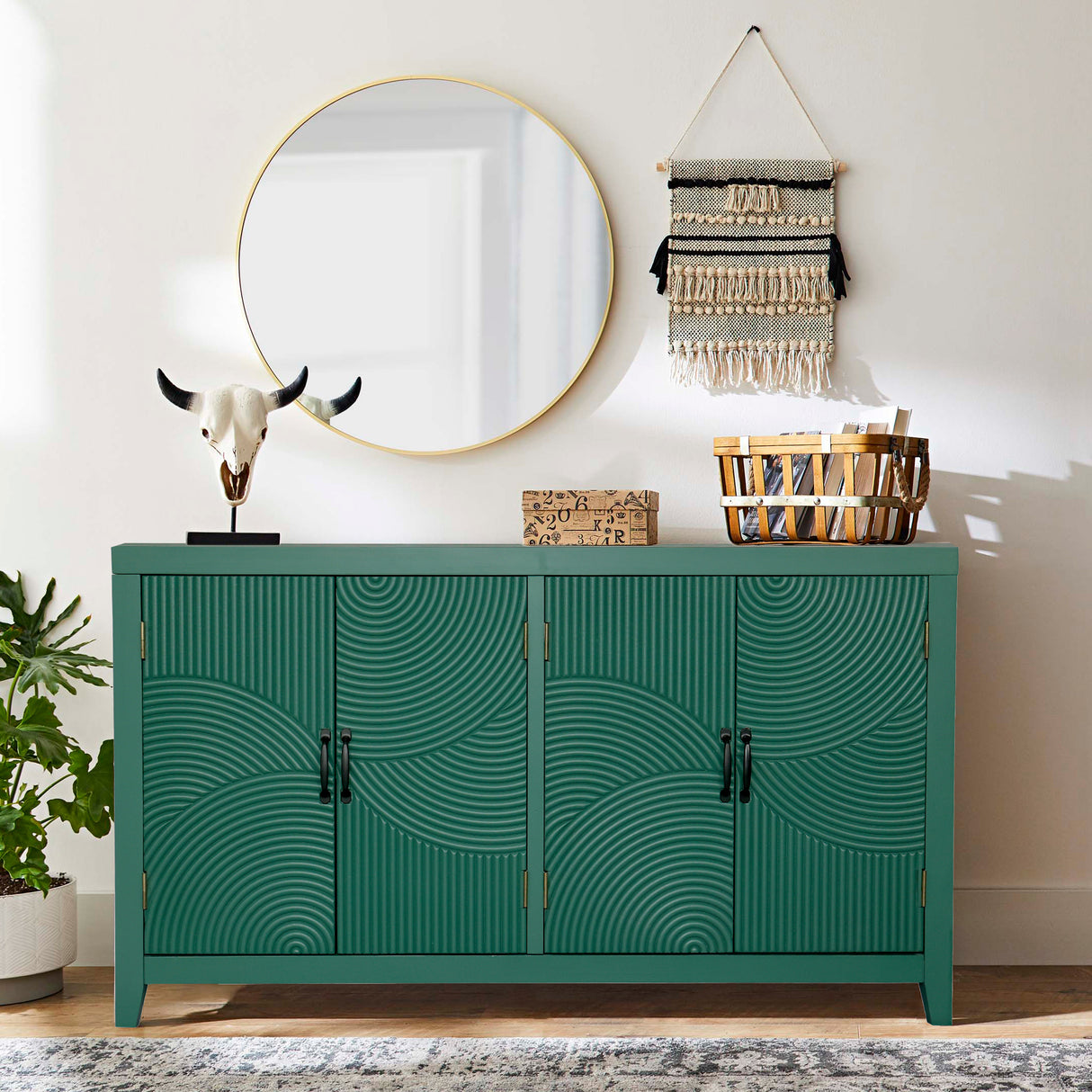 59' Green Accent Cabinet with 4 Doors, Mid Century Modern Pantry Cabinet