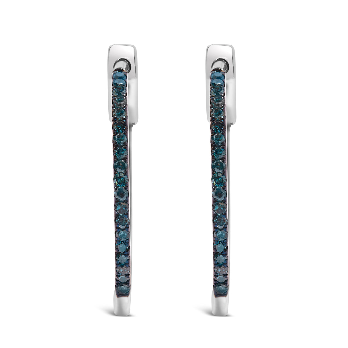 .925 Sterling Silver 1/3 Cttw Inside Out Blue Treated Diamond 1MM Wide Hoop Earrings (Blue Color, I2-I3 Clarity)