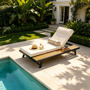 Black Iron and Teak Finish Outdoor Chaise Lounge Set
