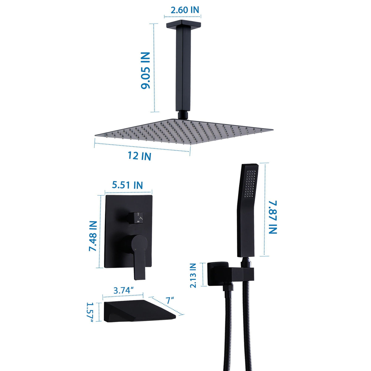 Contemporary Shower System With 12" Rainfall Head And Handheld Spray, Wall Mounted
