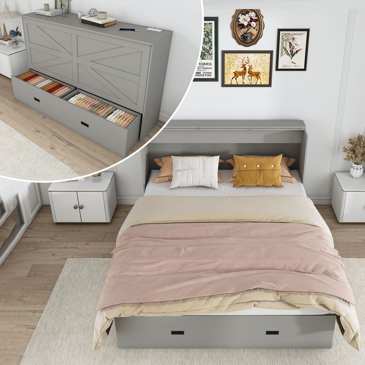 Murphy Bed With Storage Drawers And Charging Cabinet, Foldable Panels, Swivel Wheels