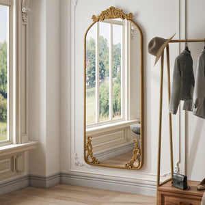 Retro Arched Full Body Mirror with Vintage Carved Applique