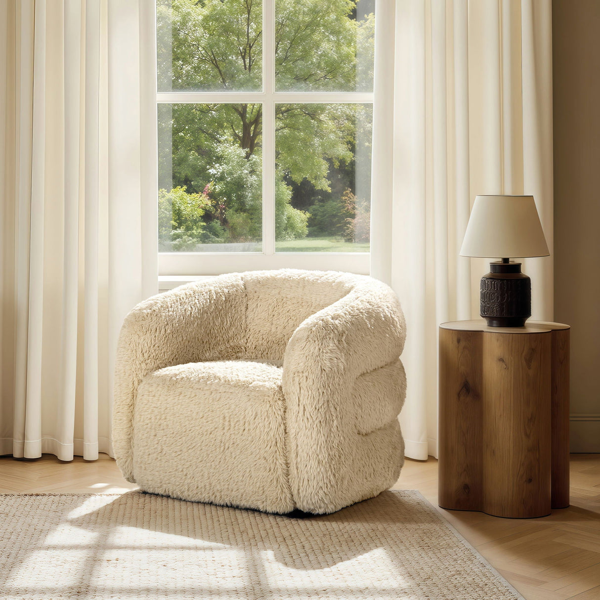 Colt Fur Swivel Upholstered Barrel Accent Arm Chair - Cream Beige