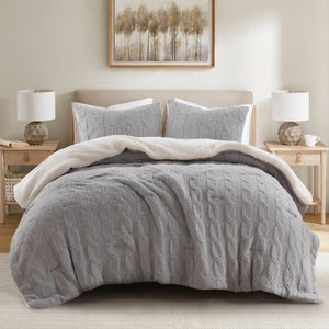 3 Pieces Full/Queen Cable Knit Chenille Comforter Set Gray