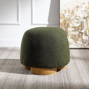 Round Soft Teddy Fabric Upholstered Ottoman with Metal Accents - White or Dark Green