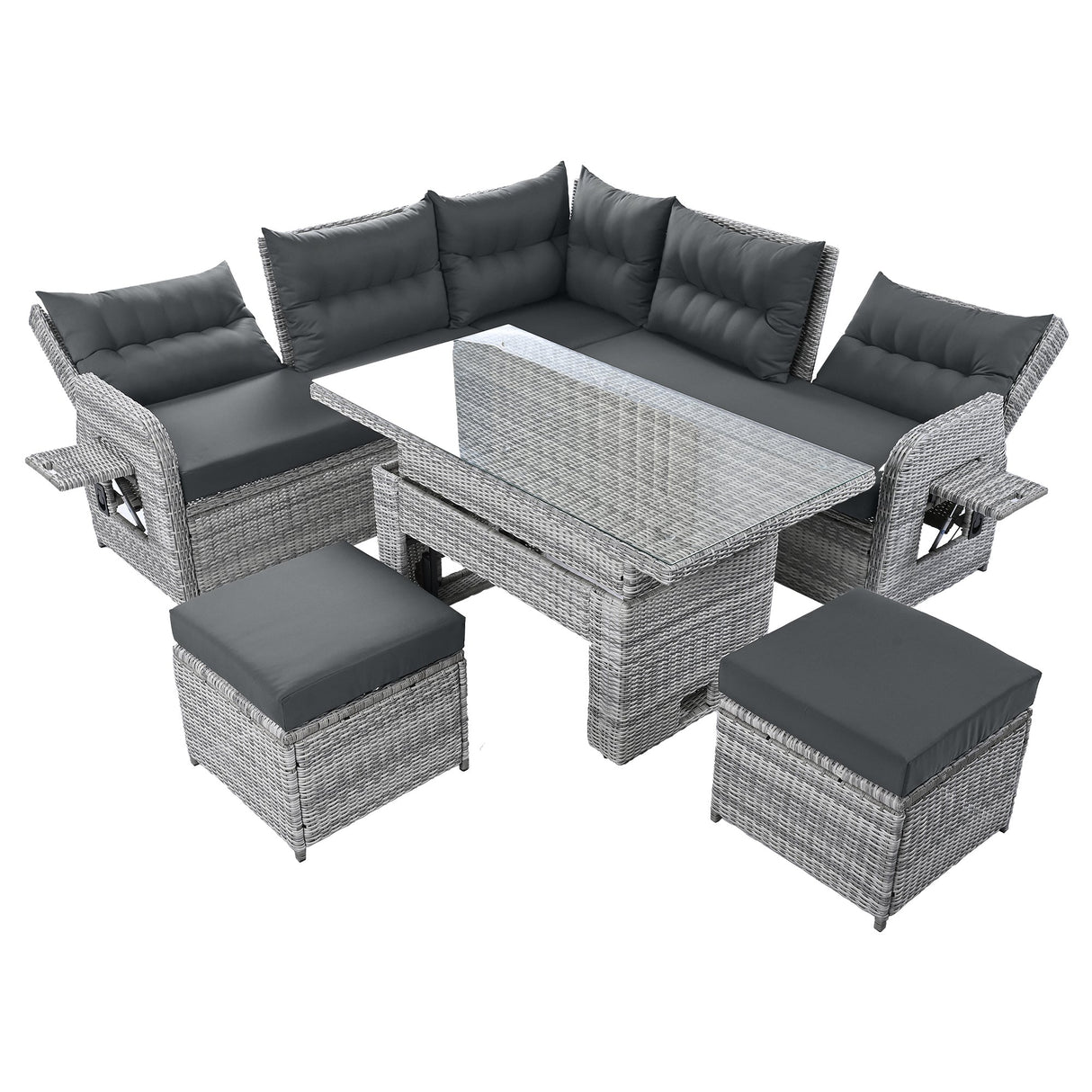 Outdoor Furniture Set Patio Rattan Furniture with Adjustable Table, Recliners, Side Tables, Ottomans