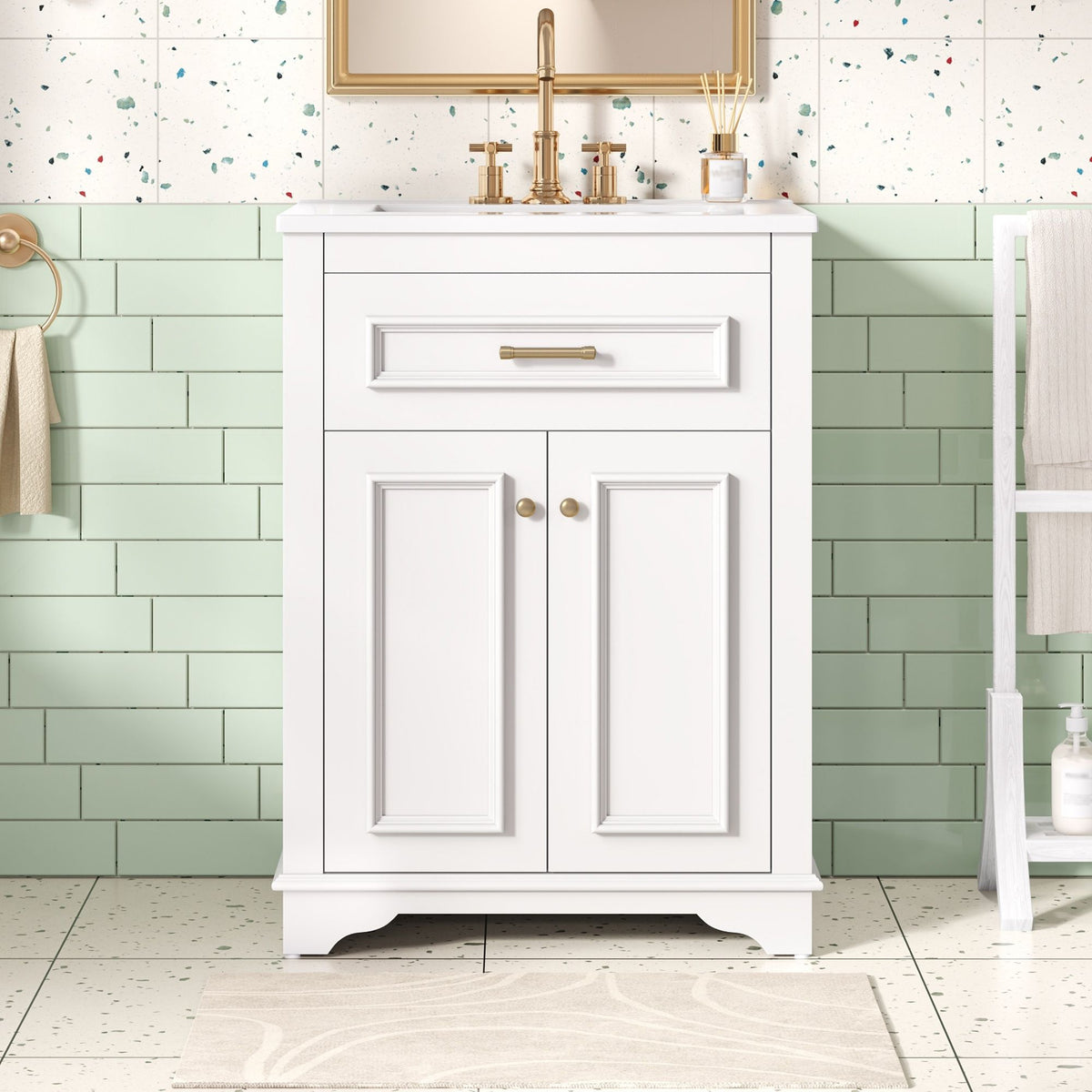 Bathroom Vanity with Integrated Sink and Storage Cabinet - Dark Green, Black, White