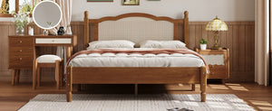 Queen Size Wooden Platform Bed with Natural Rattan Headboard