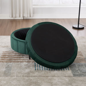 Upholstered Round Ottoman With Reversible Lid, Channel Tufted Pumpkin Shape