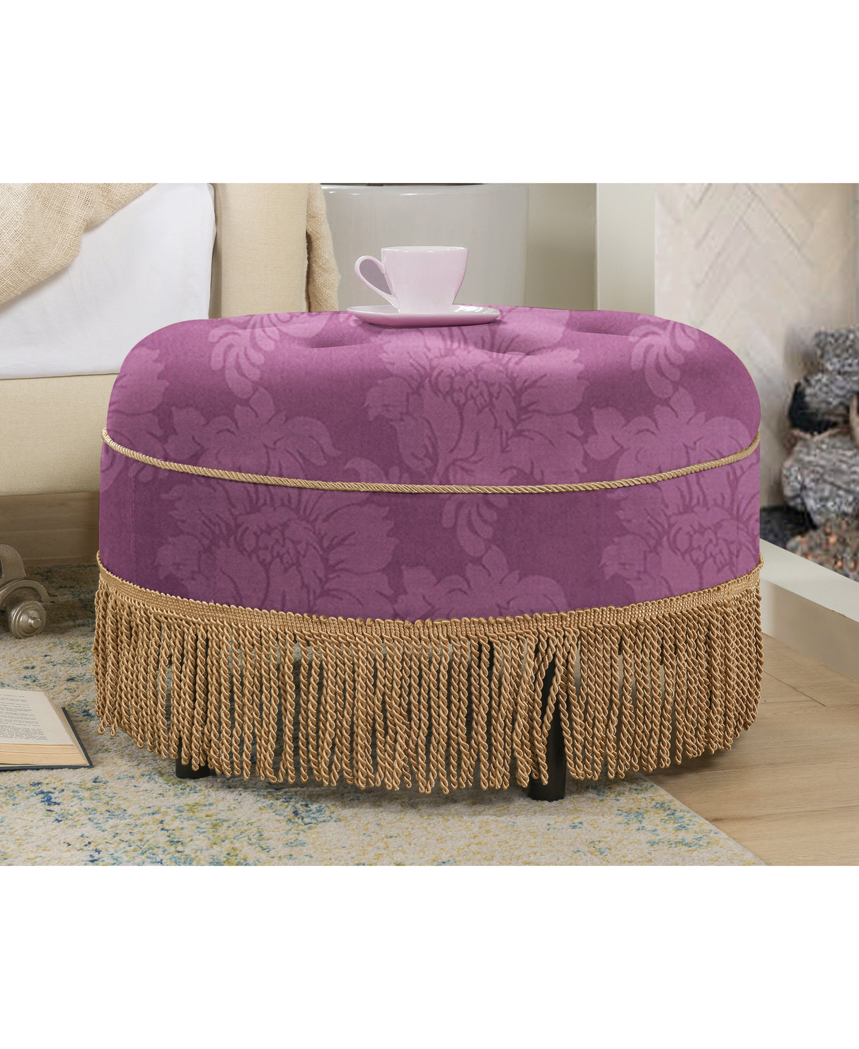 Yolanda 24' Round Upholstered Accent Ottoman, Purple Floral Sateen Jacquard with Gold Trim