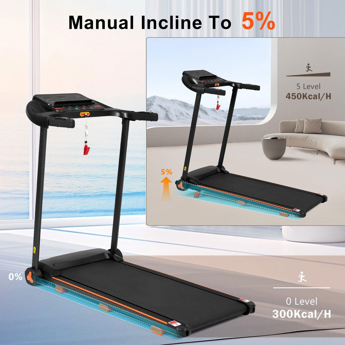 2.5Hp Quiet Folding Treadmill With Heart Rate Sensor, 300Lbs Weight Capacity, With USB Charge Station For Android & Bluetooth Speaker, 6 Shock Absorbing - Black