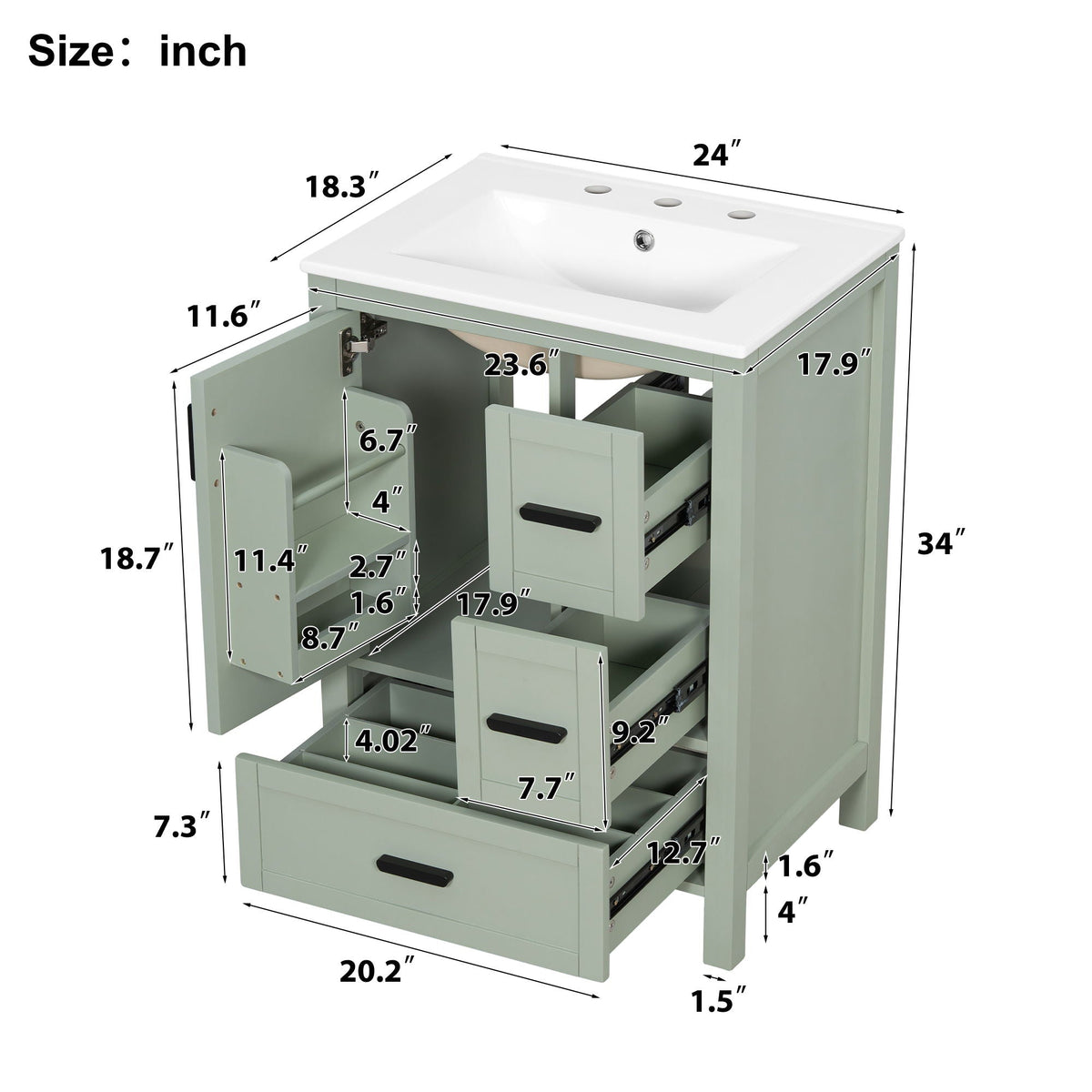 Bathroom Vanity with Sink, Soft-Close Doors & 3 Drawers - White, Black, Green