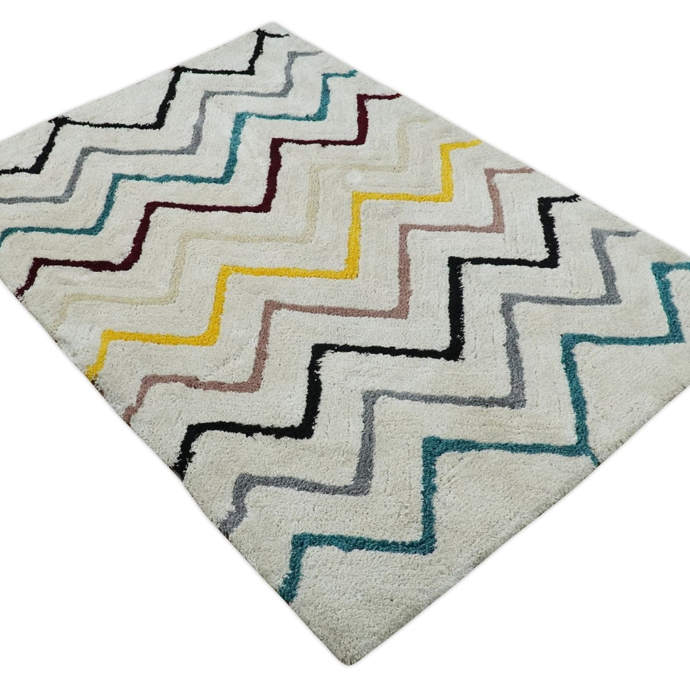 3x5, 4x6 and 5x7 Hand Woven Shag Ivory with multicolor Stripes Art Silk Soft Viscose  Area Rug
