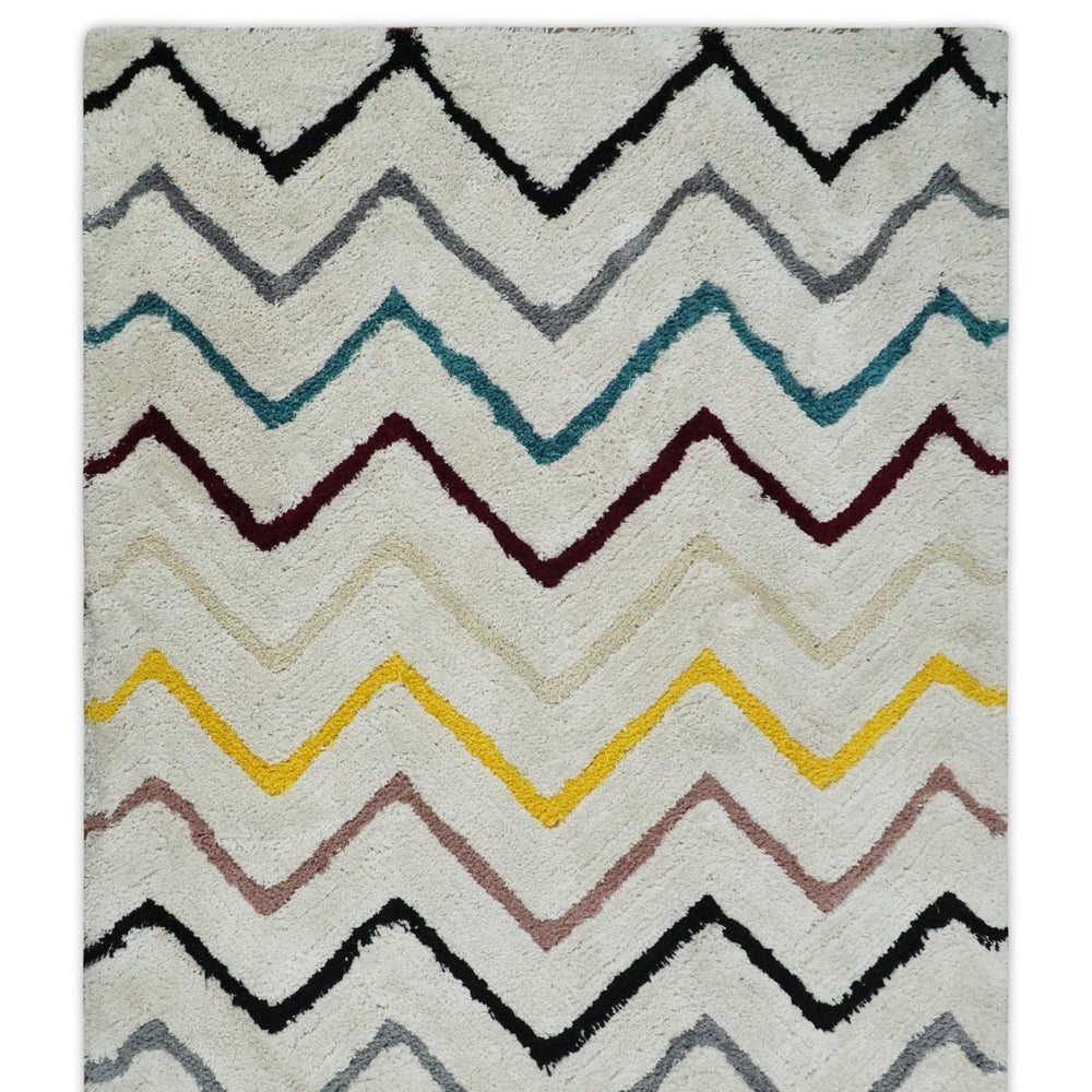 3x5, 4x6 and 5x7 Hand Woven Shag Ivory with multicolor Stripes Art Silk Soft Viscose  Area Rug