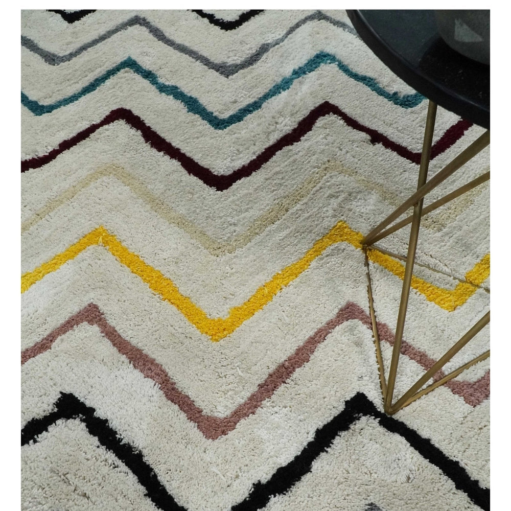 3x5, 4x6 and 5x7 Hand Woven Shag Ivory with multicolor Stripes Art Silk Soft Viscose  Area Rug