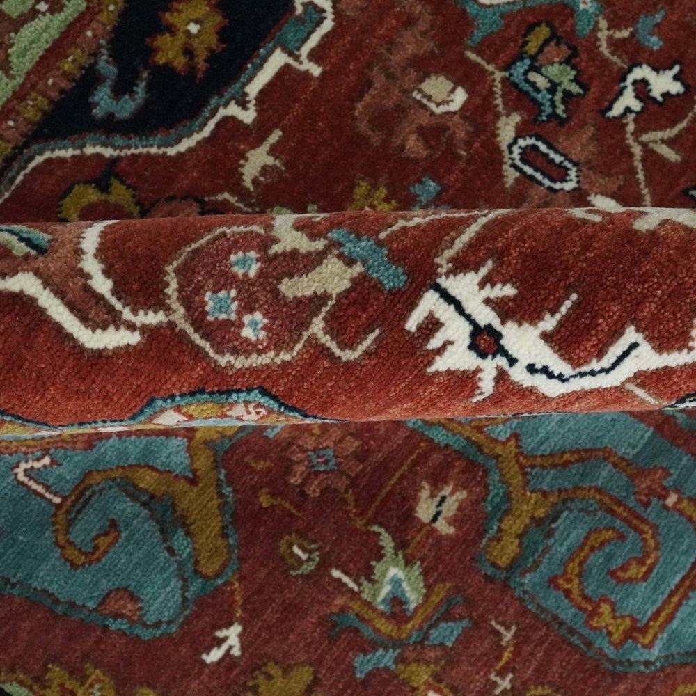 Hand Knotted Maroon And Blue Traditional Heriz Custom Made Wool Area Rug