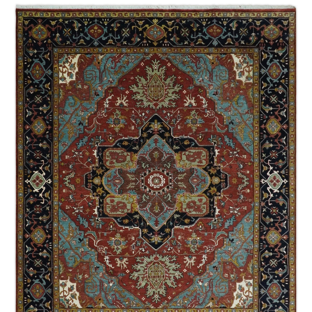 Hand Knotted Maroon And Blue Traditional Heriz Custom Made Wool Area Rug