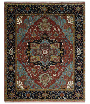 Hand Knotted Maroon And Blue Traditional Heriz Custom Made Wool Area Rug