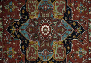 Hand Knotted Maroon And Blue Traditional Heriz Custom Made Wool Area Rug