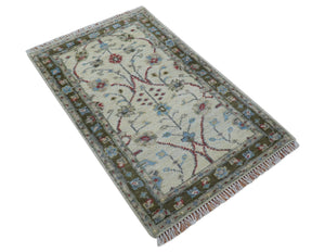 3x5 Hand knotted Beige And Blue Traditional Design Wool Area Rug
