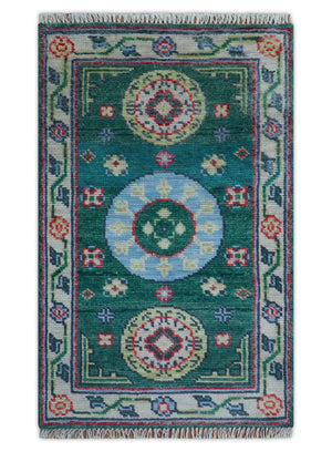 3x5 Hand knotted Traditional Khotan Design Teal Wool Area Rug