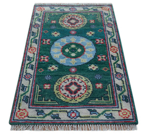 3x5 Hand knotted Traditional Khotan Design Teal Wool Area Rug