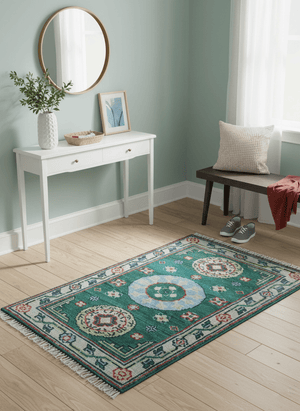 3x5 Hand knotted Traditional Khotan Design Teal Wool Area Rug