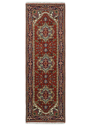 Hand Knotted Red, Ivory and Blue Traditional Heriz Multi size Wool Area Rug