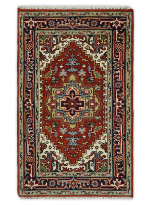 Hand Knotted Red, Ivory and Blue Traditional Heriz Multi size Wool Area Rug