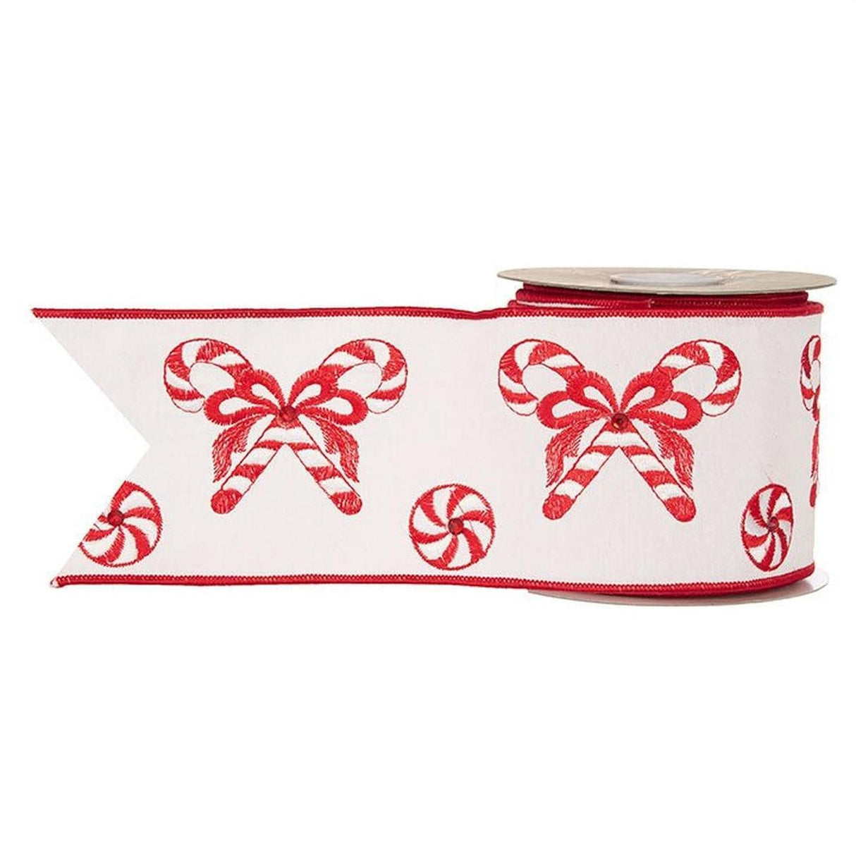 4" Candy Cane Embroidered Ribbon: Red (10 Yards)