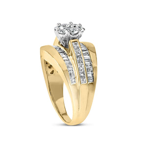 14K Yellow Gold 2-1/3 Cttw Diamond Cluster Channel Set Chevron Shaped Engagement Ring