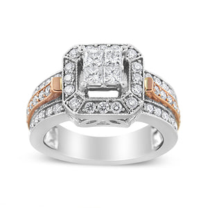 14K White and Rose Gold 1 1/8 Cttw Princess and Round-Cut Diamond Art Deco Style Triple Shank Halo Cocktail Ring (I-J Color, SI2-I1 Clarity) - Size 7