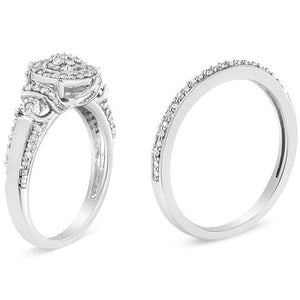 .925 Sterling Silver 1/3 Cttw Diamond 7 Stone Cluster and Halo Engagement Ring and Wedding Band Set (I-J Color, I1-I2 Clarity) - Size 7