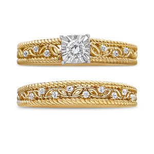 14K Yellow Gold Plated .925 Sterling Silver 1/5 Cttw Diamond Art Deco Style Engagement Ring Bridal Set (I-J Color, I3 Clarity) - Ring Size 7