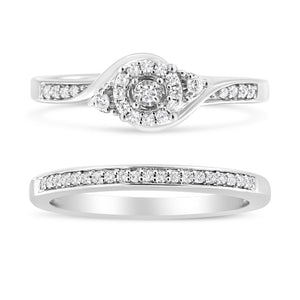 .925 Sterling Silver 1/4 Cttw Diamond Halo and Swirl Engagement Ring and Wedding Band Set (I-J Color, I3 Clarity)