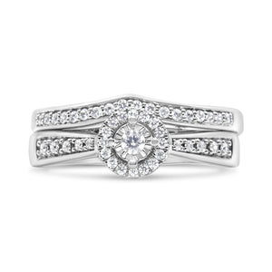 .925 Sterling Silver 1/3 Cttw Diamond Halo and Pave Shank Engagement Ring Set (I-J Color, I3 Clarity) - Ring Size 7
