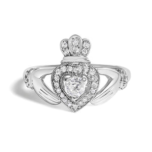 14K White Gold 3/8 Cttw Diamond Claddagh Heart Ring