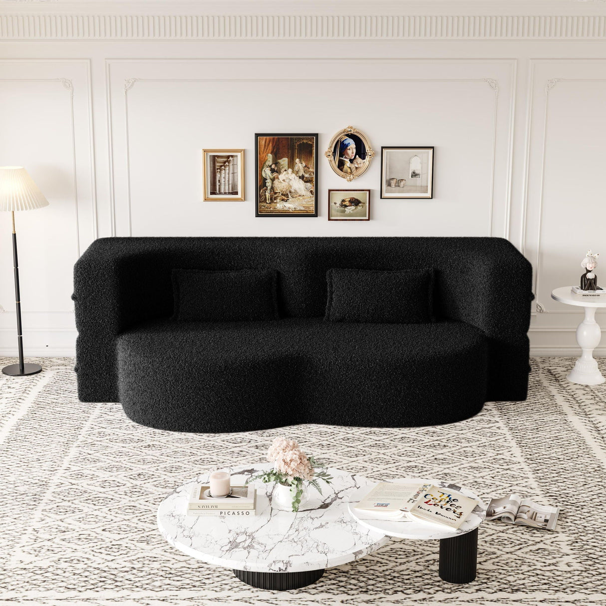 Modern Floor Sofa with 2 Pillows, Convertible Teddy Fabric Foam Filled Bed