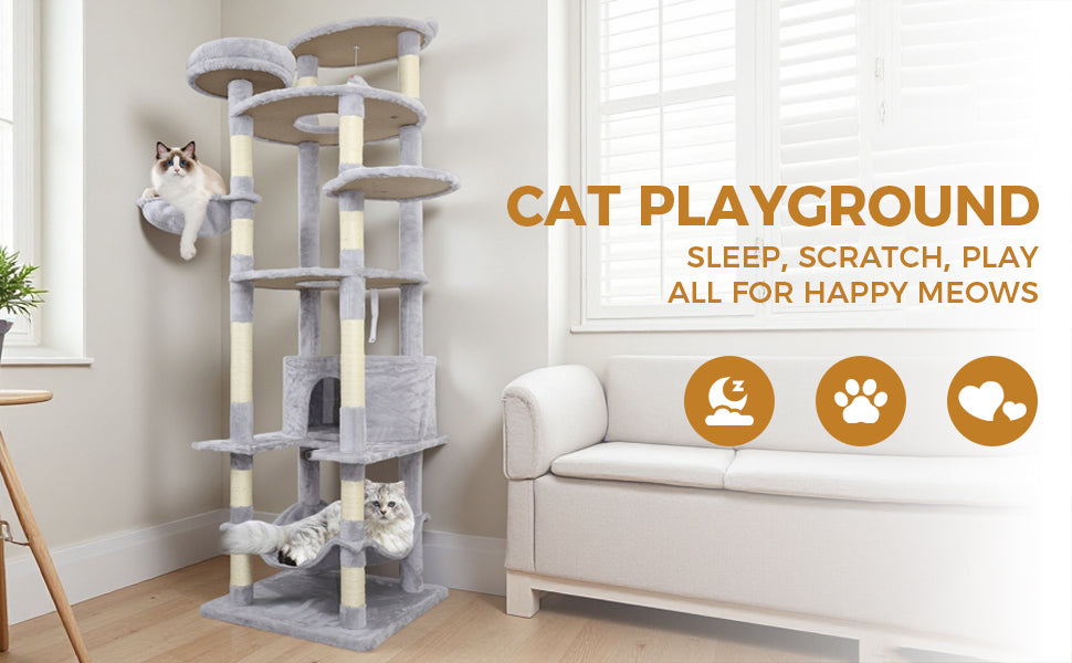 Gray Cat Tree with 3 Condos and Sisal Scratching Posts
