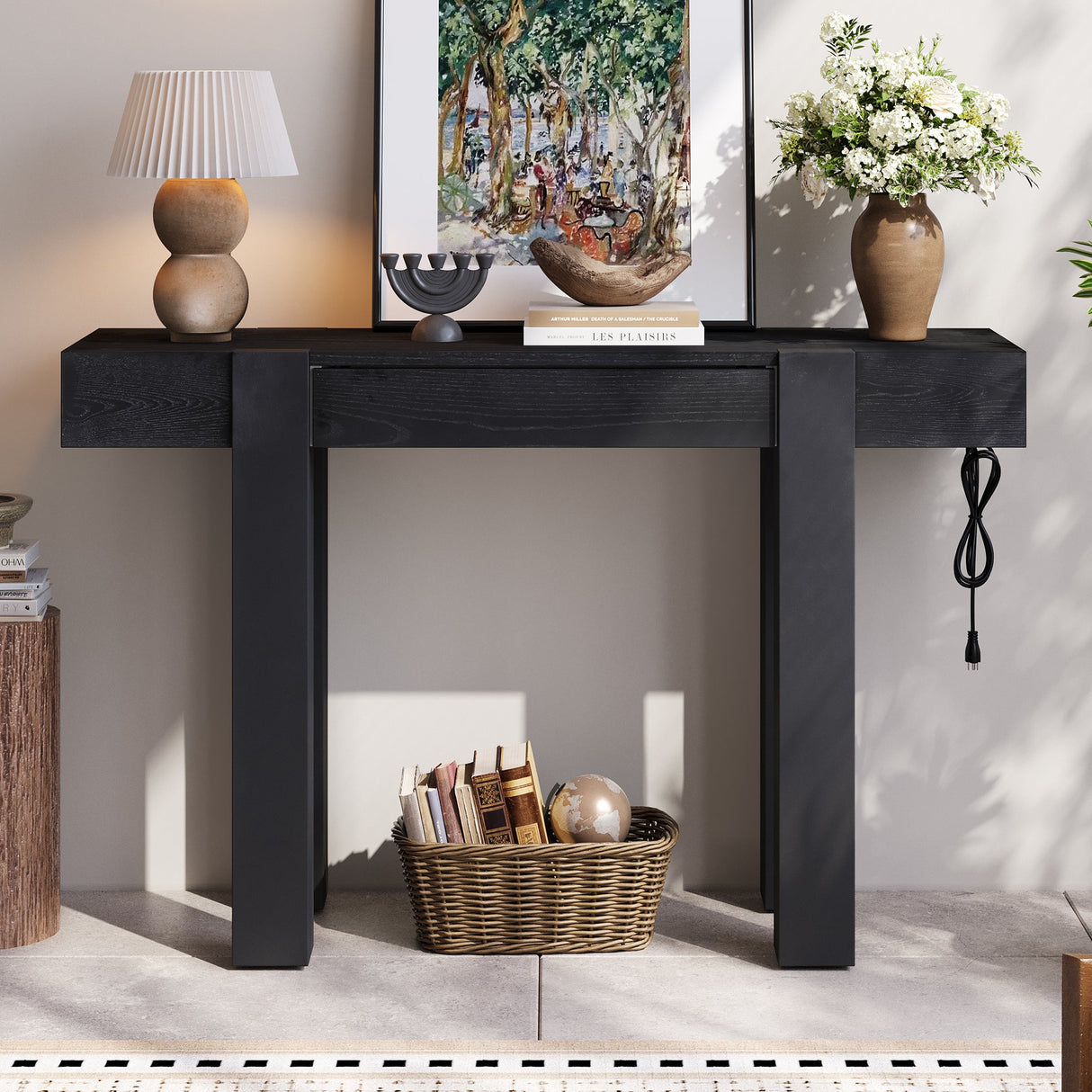 TREXM Rustic Minimalist Console Table with Hidden Drawer, Side Power Outlet
