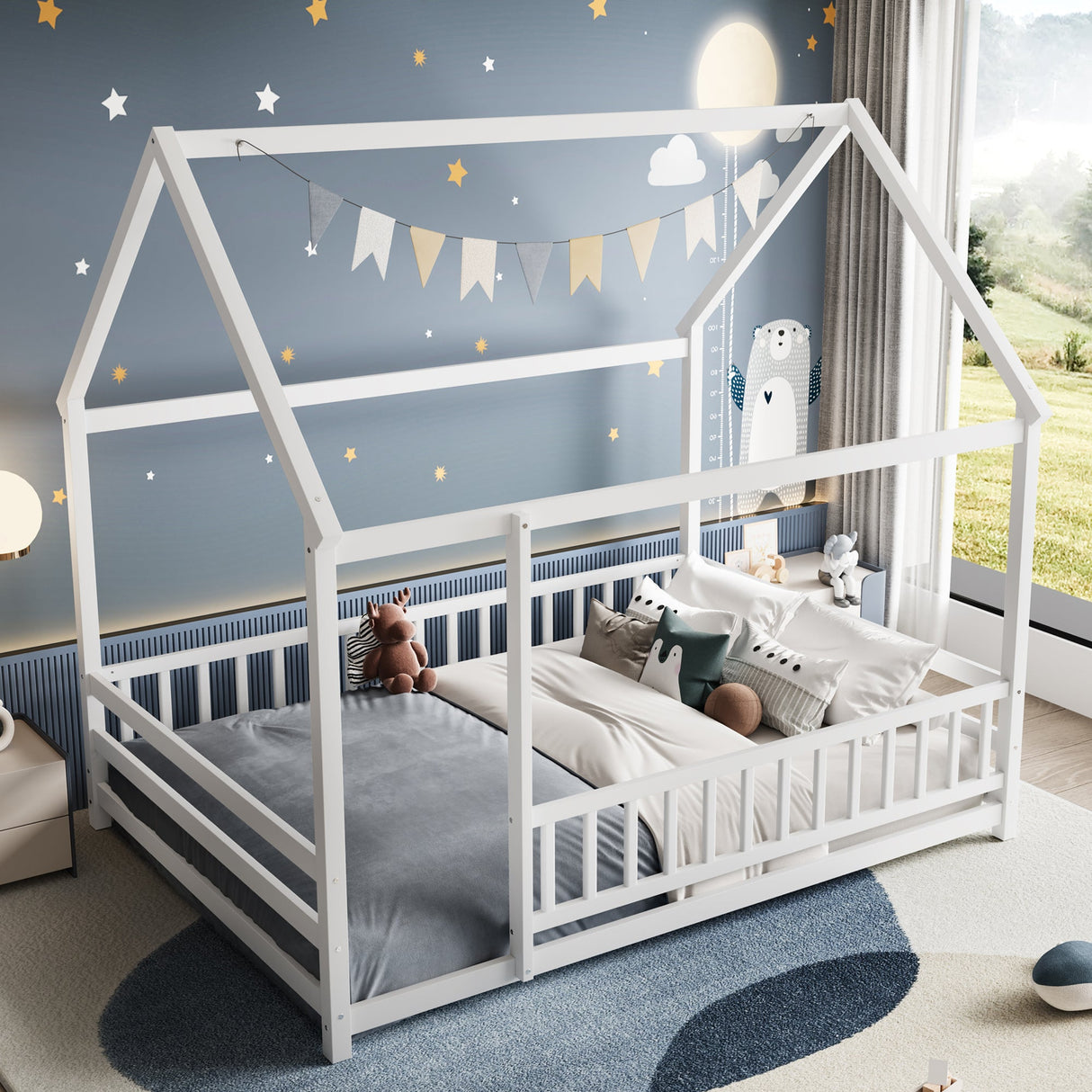 Full Size Floor Wooden Bed with House Roof Frame