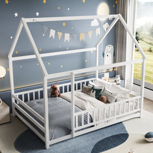 Full Size Floor Wooden Bed with House Roof Frame