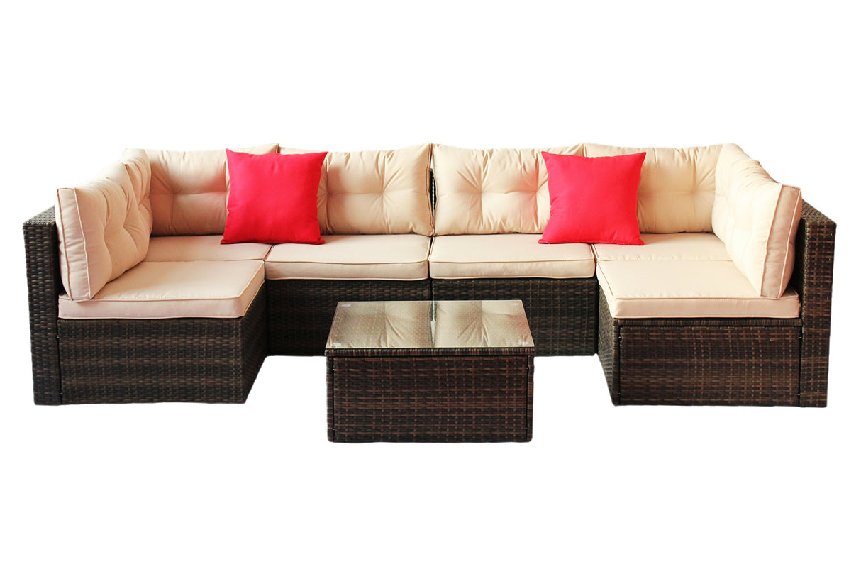 Rattan 7 pc sectional  corner sofa set (brown cushion)