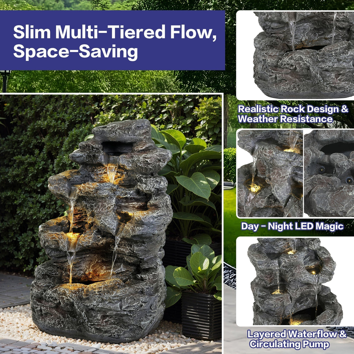 Tall Slim Faux-Stone Fountain with LED Lights, 5-Tiered Cascading Water Feature