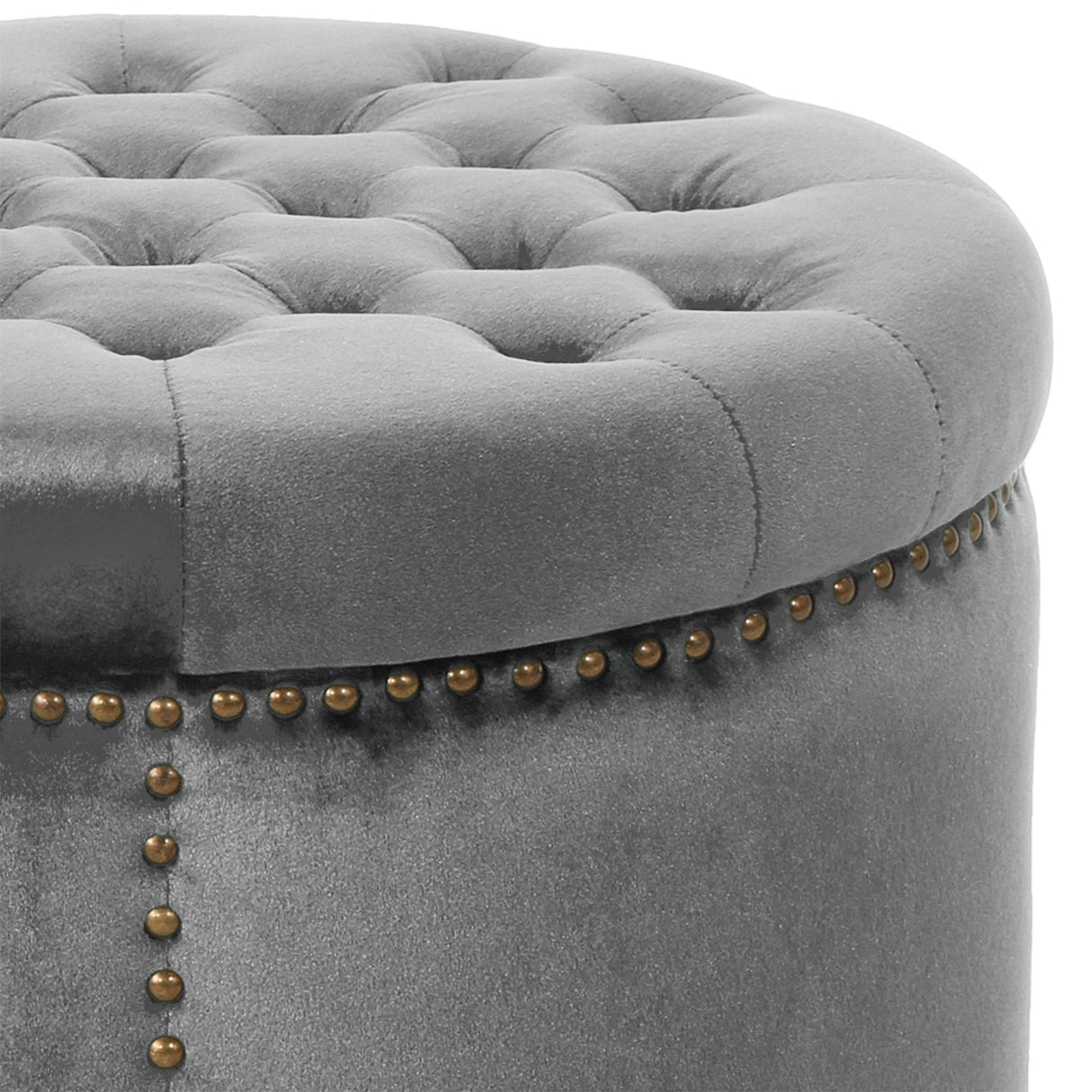 Elegant Round Ottoman Footstool with Grey Velvet Upholstery and Studded Rim
