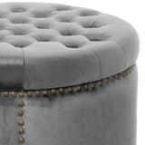 Elegant Round Ottoman Footstool with Grey Velvet Upholstery and Studded Rim