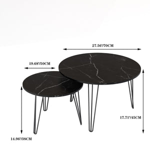 Rustic Round Nesting Coffee Table Set of 2 with Metal Frame - White, Black, Light Brown