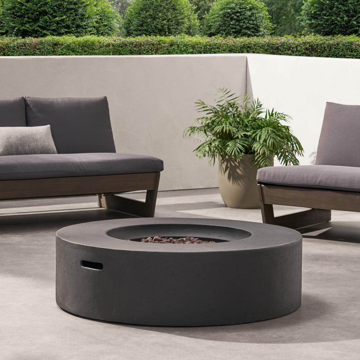 Modern Lightweight Concrete Outdoor Circular Fire Pit 50,000 BTU Dark Gray