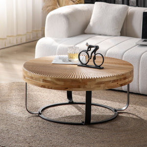 Modern Round Coffee Table with Wooden Carving Pattern and Metal Legs