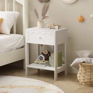 Modern White Nightstand with Drawer and Open Shelf